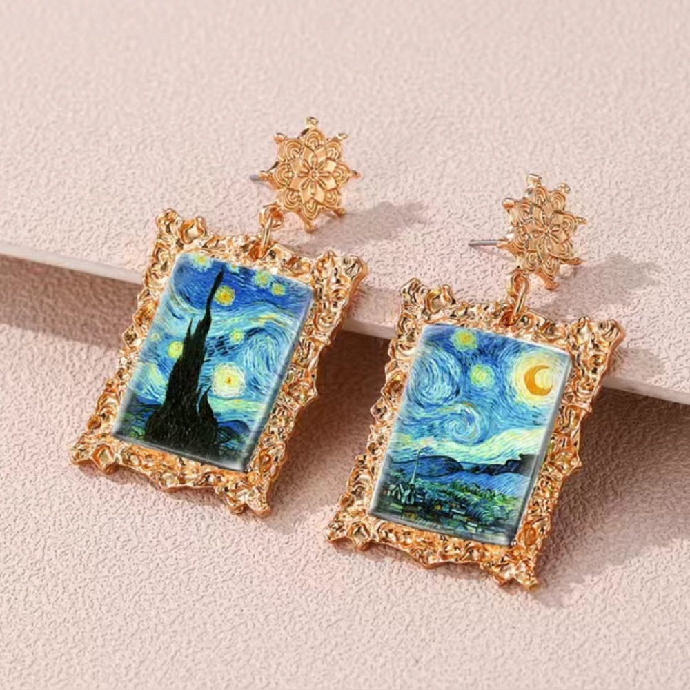 Van Gogh Starry Night Gold Painting Earrings